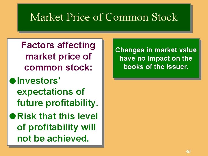Market Price of Common Stock Factors affecting market price of common stock: l Investors’