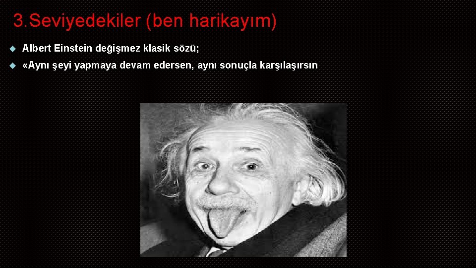 3. Seviyedekiler (ben harikayım) Albert Einstein değişmez klasik sözü; «Aynı şeyi yapmaya devam edersen,