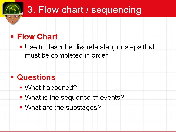 3. Flow chart / sequencing § Flow Chart § Use to describe discrete step,
