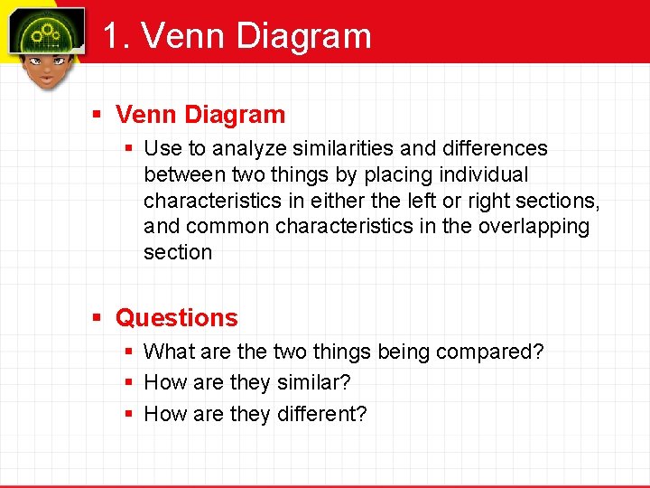 1. Venn Diagram § Use to analyze similarities and differences between two things by