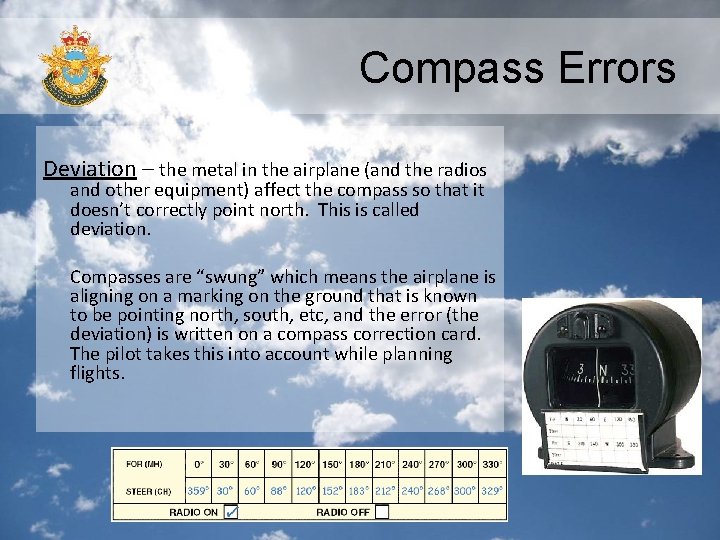 Compass Errors Deviation – the metal in the airplane (and the radios and other