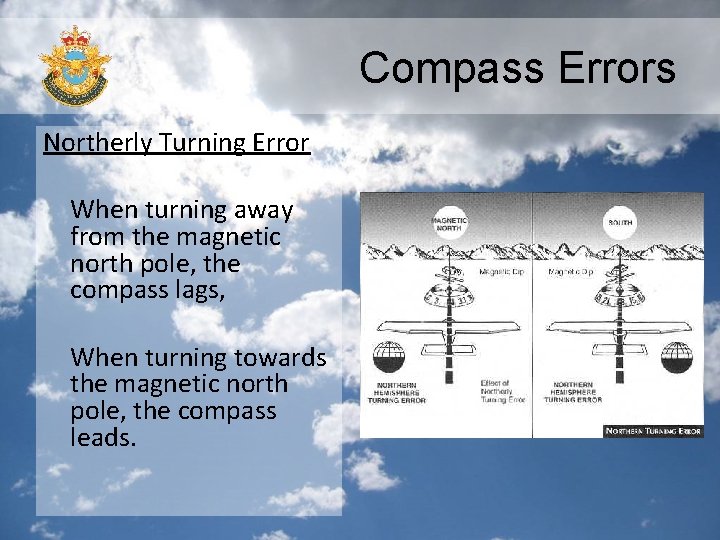 Compass Errors Northerly Turning Error When turning away from the magnetic north pole, the