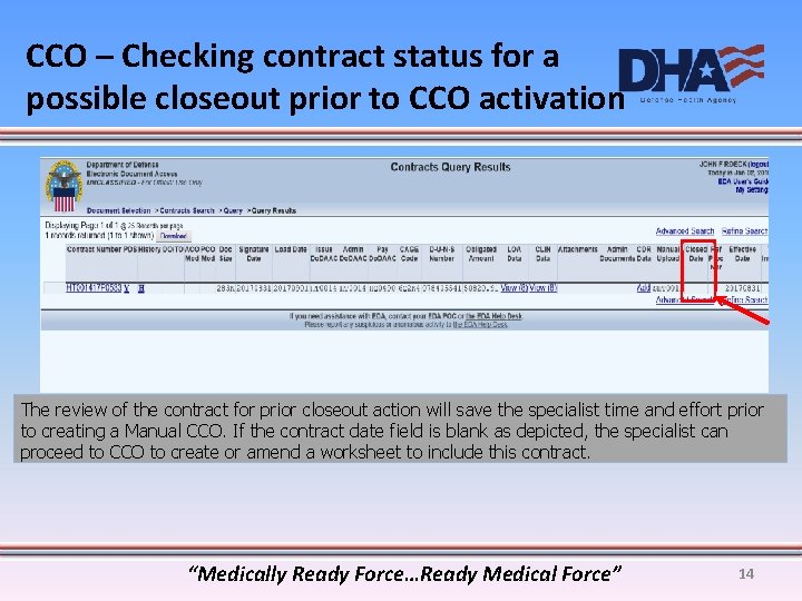 CCO – Checking contract status for a possible closeout prior to CCO activation The