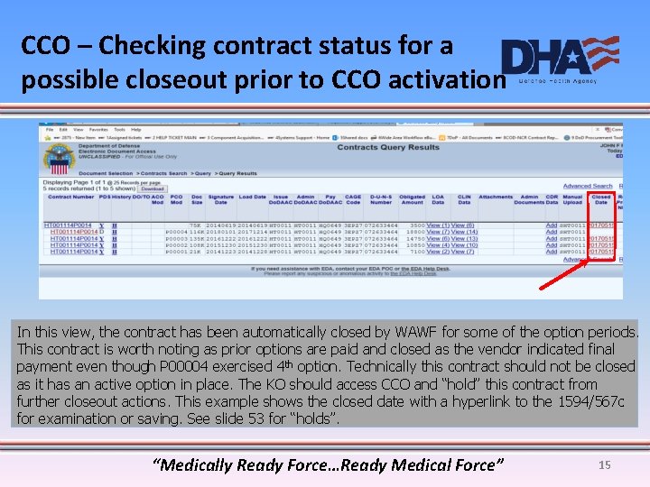 CCO – Checking contract status for a possible closeout prior to CCO activation In