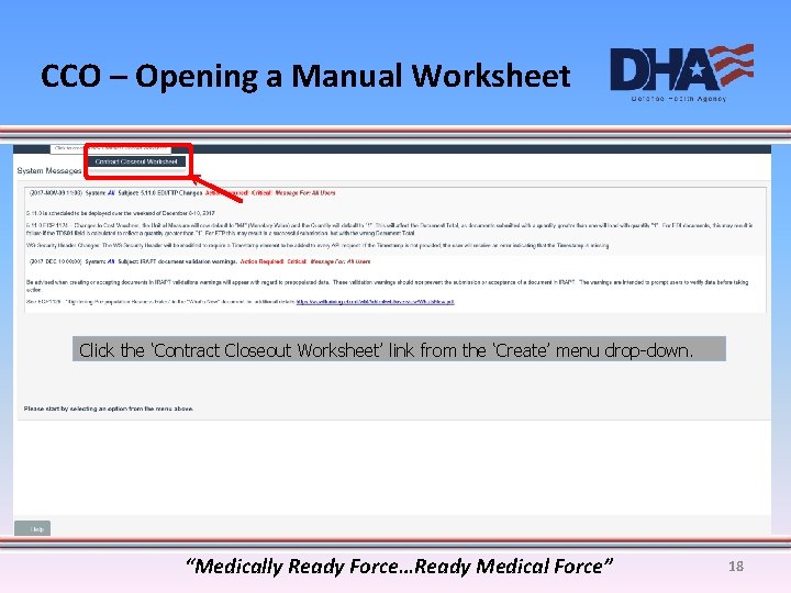 CCO – Opening a Manual Worksheet Click the ‘Contract Closeout Worksheet’ link from the