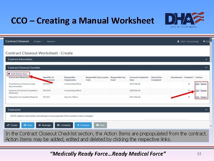 CCO – Creating a Manual Worksheet In the Contract Closeout Checklist section, the Action