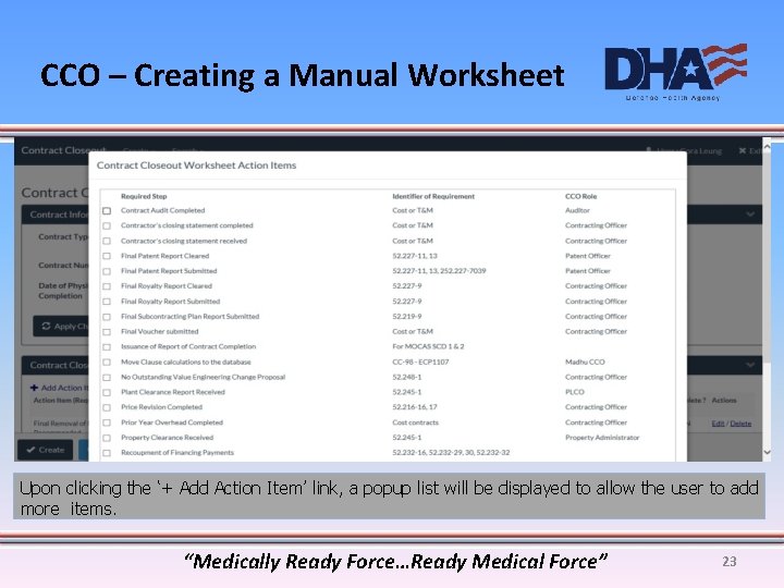 CCO – Creating a Manual Worksheet Upon clicking the ‘+ Add Action Item’ link,