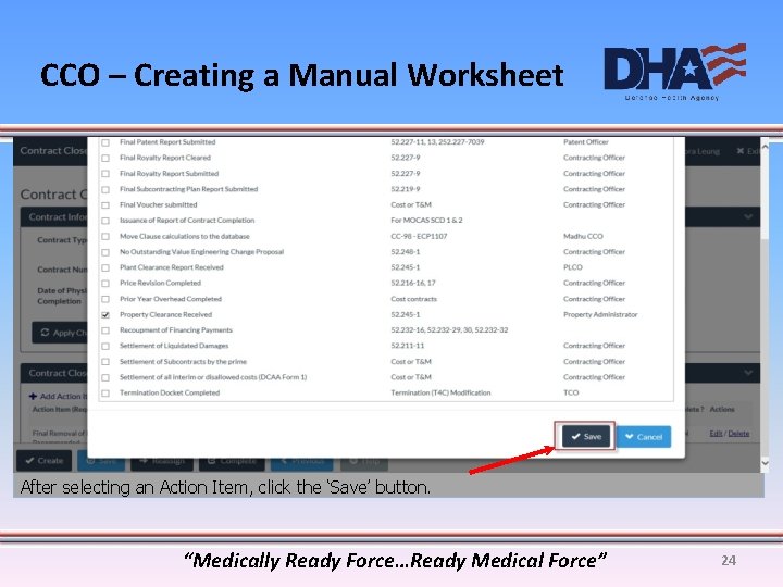 CCO – Creating a Manual Worksheet After selecting an Action Item, click the ‘Save’
