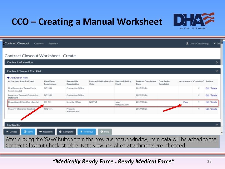 CCO – Creating a Manual Worksheet c After clicking the ‘Save’ button from the