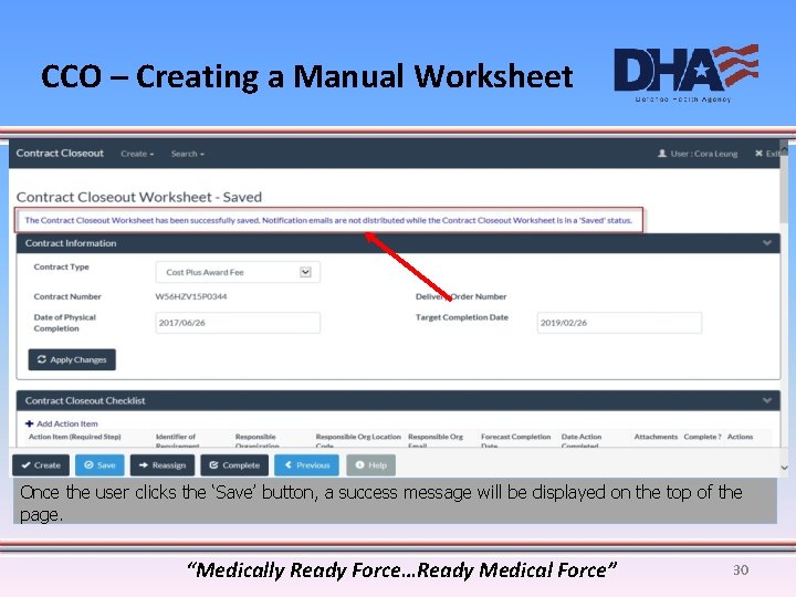 CCO – Creating a Manual Worksheet Once the user clicks the ‘Save’ button, a