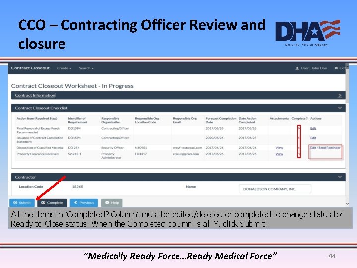 CCO – Contracting Officer Review and closure All the items in ‘Completed? Column’ must