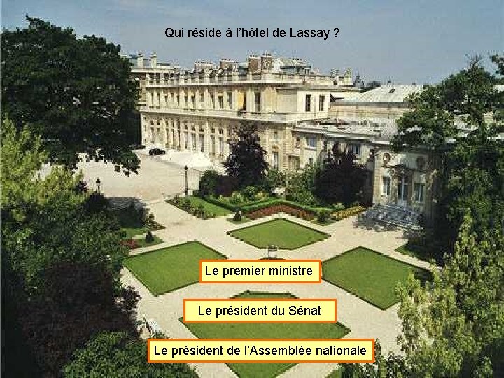 Qui réside à l’hôtel de Lassay ? Le premier ministre Le président du Sénat