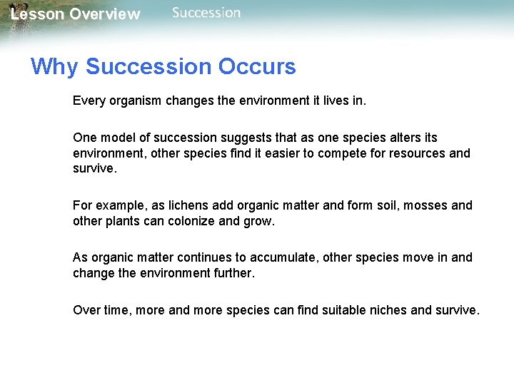 Lesson Overview Succession Why Succession Occurs Every organism changes the environment it lives in.