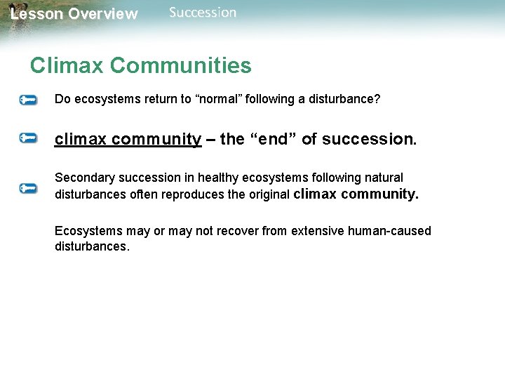 Lesson Overview Succession Climax Communities Do ecosystems return to “normal” following a disturbance? climax