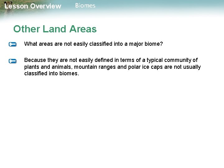 Lesson Overview Biomes Other Land Areas What areas are not easily classified into a