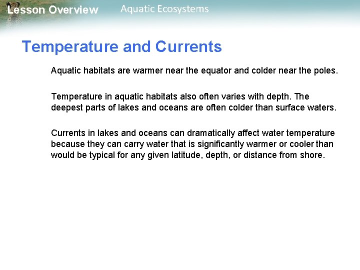 Lesson Overview Aquatic Ecosystems Temperature and Currents Aquatic habitats are warmer near the equator