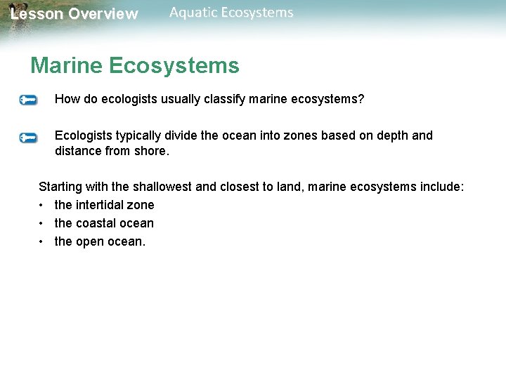 Lesson Overview Aquatic Ecosystems Marine Ecosystems How do ecologists usually classify marine ecosystems? Ecologists