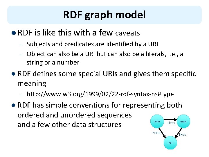 RDF graph model l RDF is like this with a few caveats – Subjects