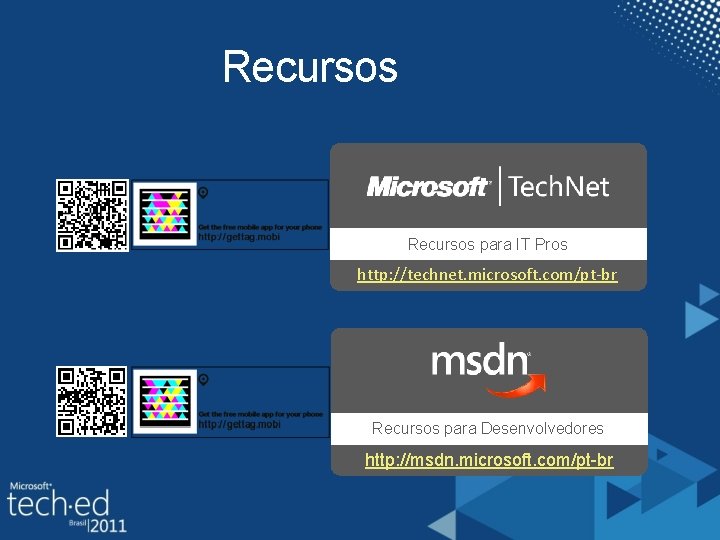 Recursos para IT Pros http: //technet. microsoft. com/pt-br Recursos para Desenvolvedores http: //msdn. microsoft.