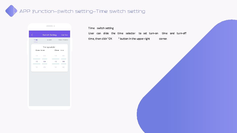 APP Function—Switch setting—Time switch setting User can slide the time selector time, then click APP Function—Switch setting—Time switch setting User can slide the time selector time, then click