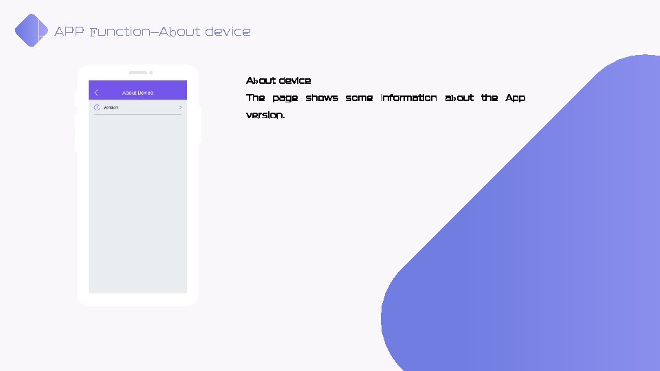 APP Function—About device The page shows some information about the App version. APP Function—About device The page shows some information about the App version.