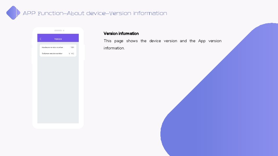 APP Function—About device—Version information This page shows the device version and the App version APP Function—About device—Version information This page shows the device version and the App version