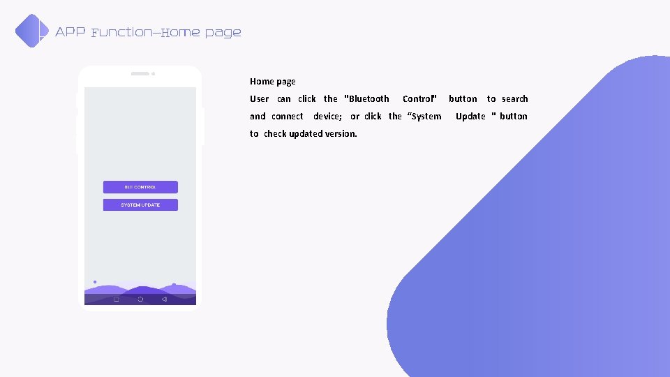 APP Function—Home page User can click the "Bluetooth Control" and connect device; or click APP Function—Home page User can click the "Bluetooth Control" and connect device; or click