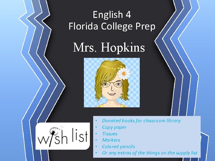 English 4 Florida College Prep Mrs. Hopkins • • • Donated books for classroom English 4 Florida College Prep Mrs. Hopkins • • • Donated books for classroom