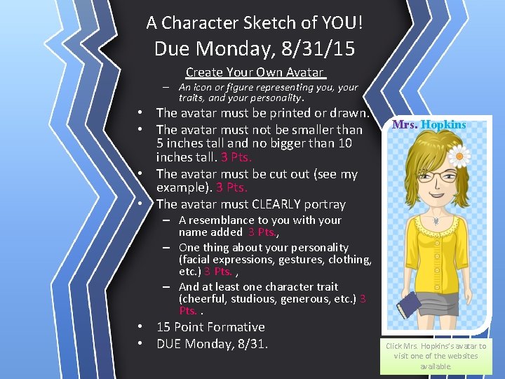 A Character Sketch of YOU! Due Monday, 8/31/15 Create Your Own Avatar – An A Character Sketch of YOU! Due Monday, 8/31/15 Create Your Own Avatar – An