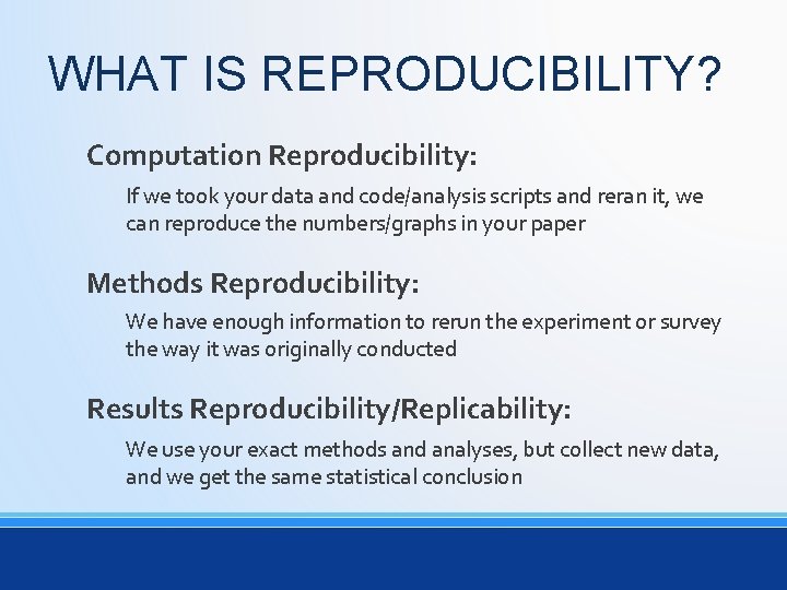 WHAT IS REPRODUCIBILITY? Computation Reproducibility: If we took your data and code/analysis scripts and