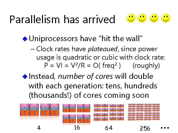 Parallelism has arrived u Uniprocessors have “hit the wall” – Clock rates have plateaued,