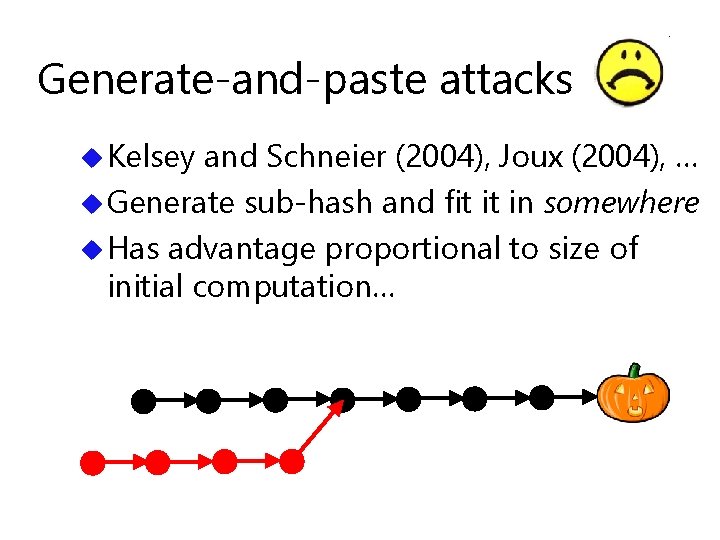 Generate-and-paste attacks u Kelsey and Schneier (2004), Joux (2004), … u Generate sub-hash and