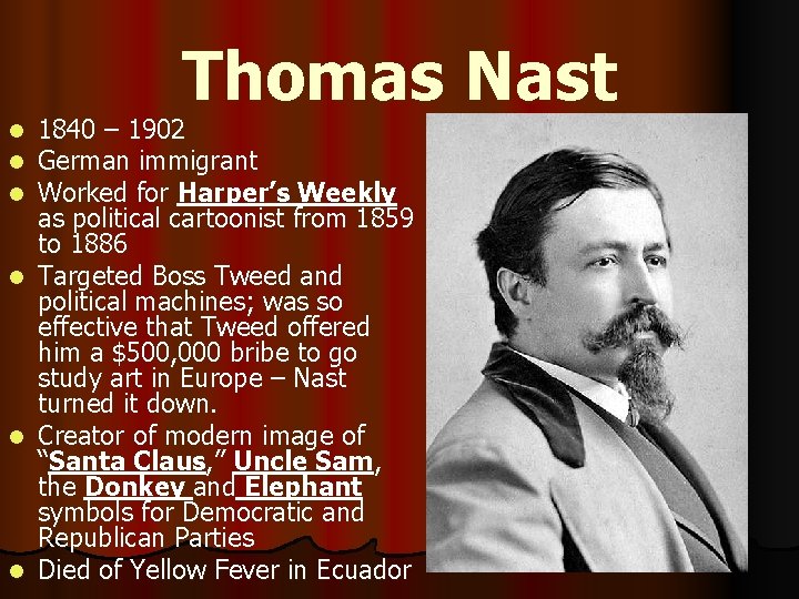 Thomas Nast 1840 – 1902 German immigrant Worked for Harper’s Weekly as political cartoonist