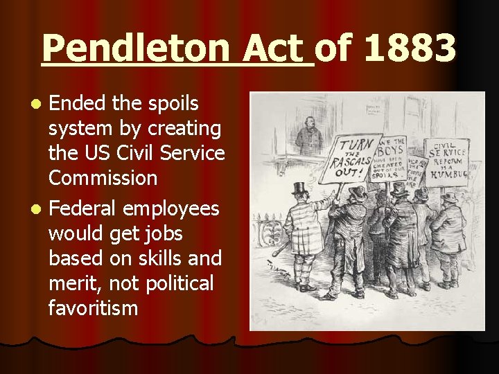 Pendleton Act of 1883 Ended the spoils system by creating the US Civil Service