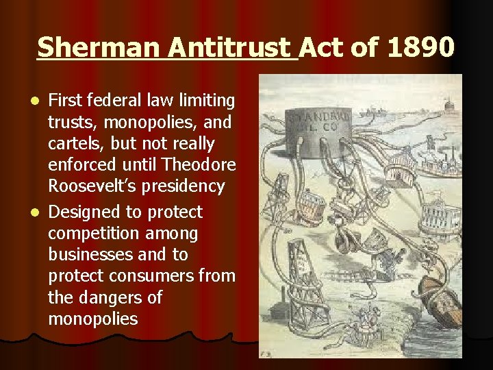 Sherman Antitrust Act of 1890 First federal law limiting trusts, monopolies, and cartels, but