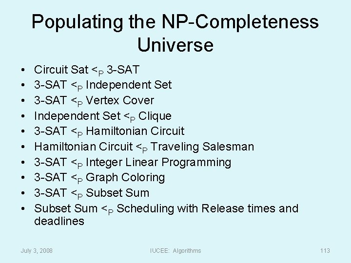 Populating the NP-Completeness Universe • • • Circuit Sat <P 3 -SAT <P Independent