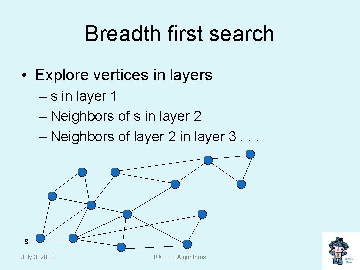 Breadth first search • Explore vertices in layers – s in layer 1 –