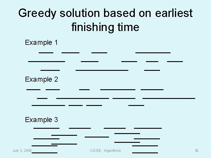 Greedy solution based on earliest finishing time Example 1 Example 2 Example 3 July