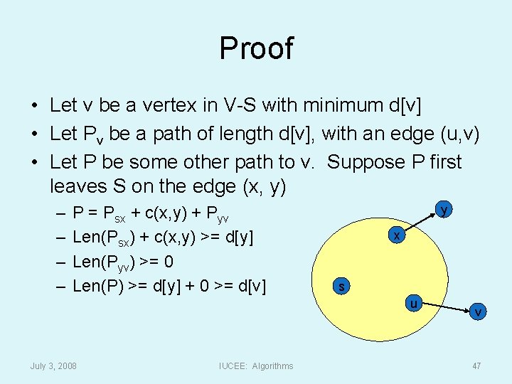 Proof • Let v be a vertex in V-S with minimum d[v] • Let