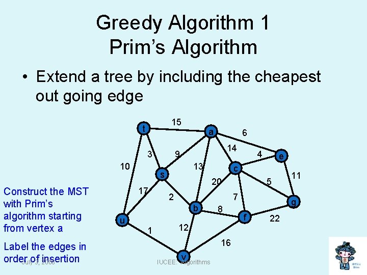 Greedy Algorithm 1 Prim’s Algorithm • Extend a tree by including the cheapest out