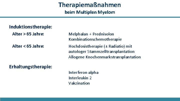 Therapiemaßnahmen beim Multiplen Myelom Induktionstherapie: Alter > 65 Jahre: Melphalan + Prednisolon Kombinationschemotherapie Alter