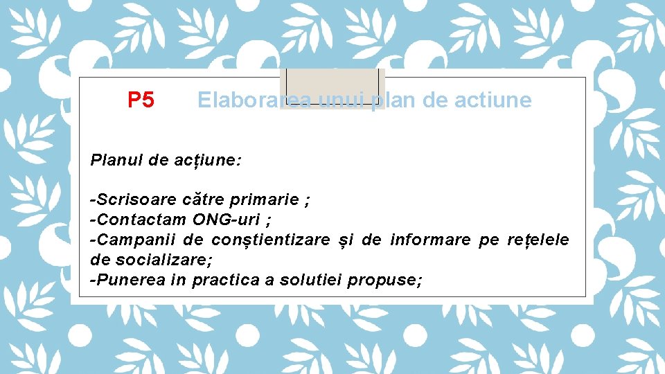 P 5 Elaborarea unui plan de actiune Planul de acțiune: -Scrisoare către primarie ;