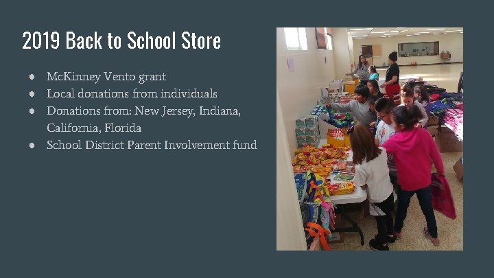 2019 Back to School Store ● Mc. Kinney Vento grant ● Local donations from