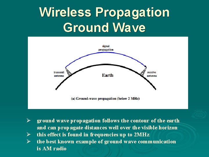 Wireless Propagation Ground Wave Ø ground wave propagation follows the contour of the earth