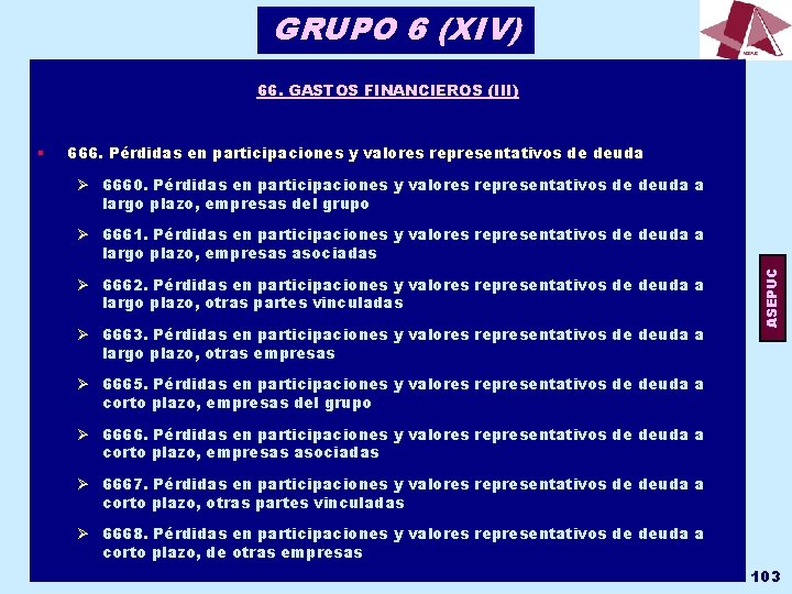 GRUPO 6 (XIV) 66. GASTOS FINANCIEROS (III) 666. Pérdidas en participaciones y valores representativos GRUPO 6 (XIV) 66. GASTOS FINANCIEROS (III) 666. Pérdidas en participaciones y valores representativos
