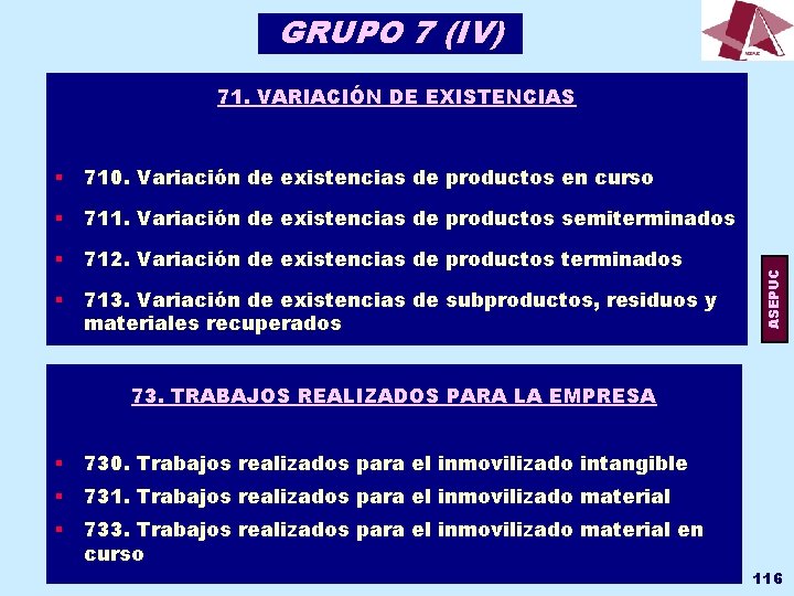 GRUPO 7 (IV) § 710. Variación de existencias de productos en curso § 711. GRUPO 7 (IV) § 710. Variación de existencias de productos en curso § 711.