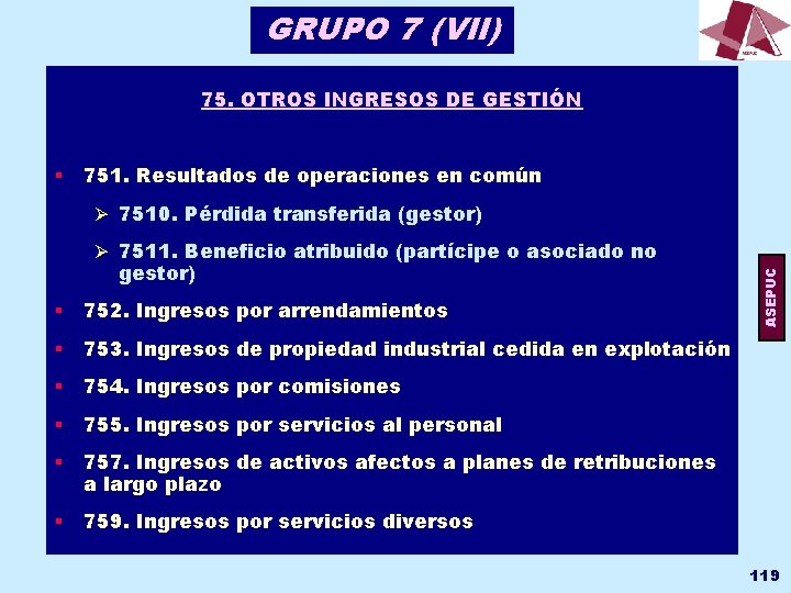 GRUPO 7 (VII) 75. OTROS INGRESOS DE GESTIÓN § 751. Resultados de operaciones en