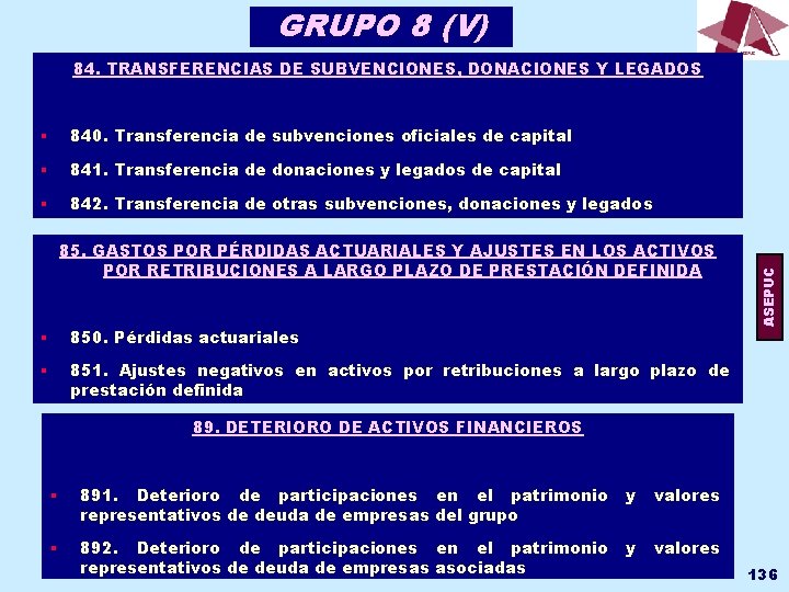 GRUPO 8 (V) § 840. Transferencia de subvenciones oficiales de capital § 841. Transferencia