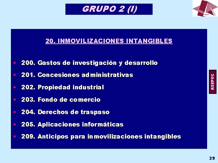 GRUPO 2 (I) 20. INMOVILIZACIONES INTANGIBLES § 201. Concesiones administrativas § 202. Propiedad industrial
