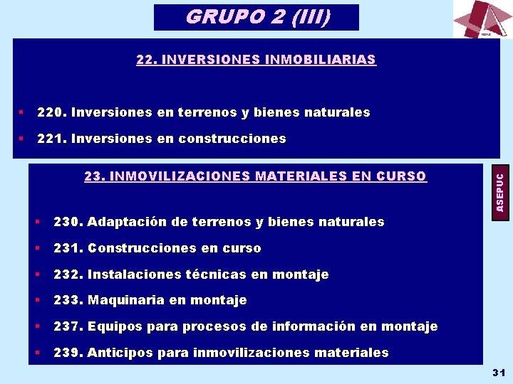 GRUPO 2 (III) § 220. Inversiones en terrenos y bienes naturales § 221. Inversiones